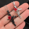 欧美复古红玫瑰十字架项链创意女合金做旧荆棘玫瑰吊坠锁骨链礼物