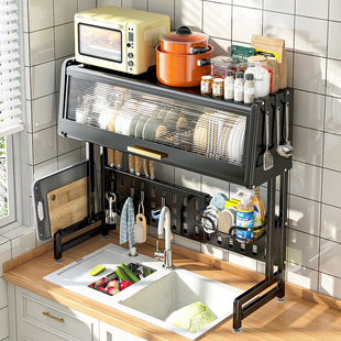 厨房多功能可伸缩水槽，置物架台面收纳碗柜，带门碗碟盘沥水架储物柜