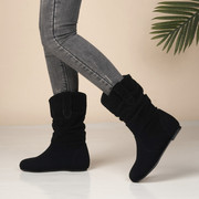 2023秋冬季女靴子，坡跟加绒中筒靴棉鞋，女士皮靴黑色中跟大码女鞋子
