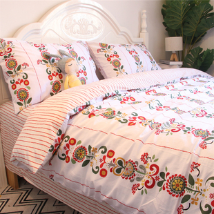 美式田园简约花卉活性印花床单床笠式床上用品，四件套全棉纯棉被套