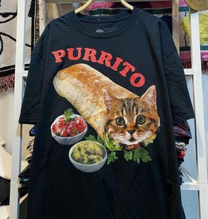 欧美街头风vintage墨西哥猫卷tattoo西海岸情侣，潮男女装短袖t恤