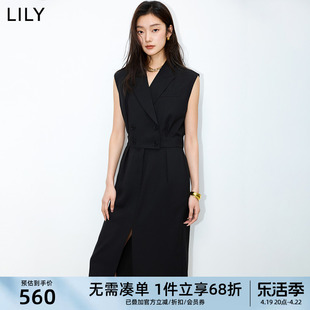 lily2024夏女装(夏女装)气质通勤款复古双排，扣高腰款西装连衣裙小黑裙