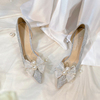 婚宴鞋银色高跟鞋蝴蝶结亮片礼服鞋侧空尖头细跟单鞋高级感伴娘鞋