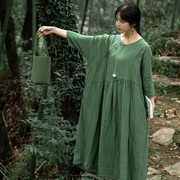 刺绣亚麻新中式植物染绿色连衣裙 知笔墨夏季宽松气质七分袖长裙