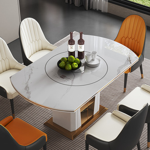 2024岩板圆形餐桌多功能，可伸缩餐桌带电磁炉，暖菜转盘家用餐桌