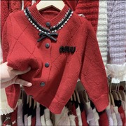 女童新年装毛衣开衫外套，小香风菱形，珠片针织开衫儿童新年红色衣服