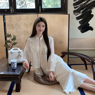 fairyjiang新中式国风白色，短款外套防晒开衫，套装女吊带背心两件套
