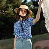 llano蓝白花朵衬衫斜开襟短款复古法式上衣薄款短袖衬衣女装夏季