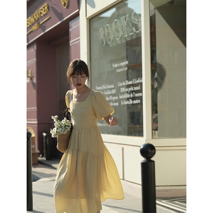 断码7折法式鹅黄色泡泡，袖连衣裙女短袖，夏长款方领肌理感