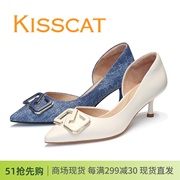 kisscat接吻猫2023羊皮尖头，细高跟侧空女单鞋ka43509-17