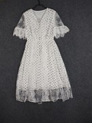 夏季甜美休闲百搭白色圆领波点收腰蕾丝短袖连衣裙