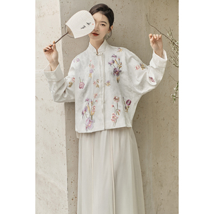 山有色2023春秋新中式女装唐装中国风复古提花刺绣白色人丝外套