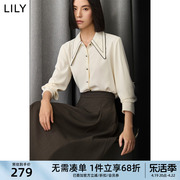 LILY2024春女装优雅气质通勤款垂坠感撞色镶边复古尖领白衬衫