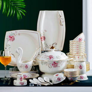 金边碗盘子骨瓷餐具套装家用轻奢现代中式碗碟组合景德镇陶瓷