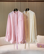 原创设计师 清新显白 粉色条纹中长款小立领飘带全棉长袖衬衫上衣