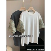 新中式高端~袖子拼接刺绣，缎面高品质国风，短袖棉t恤女夏季2024