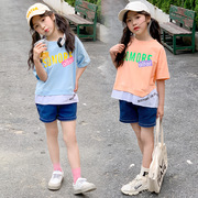 女童套装夏款2023儿童短袖运动夏装女孩休闲假两件T恤牛仔裤
