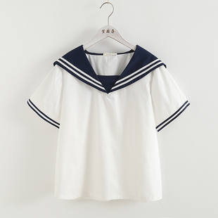 梦箱子2024夏日系海军风，棉衬衣女拼色海军领套头短袖宽松衬衫