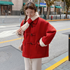 毛领牛角扣呢子大衣女，短款2023年冬季韩系宽松大码红色外套女