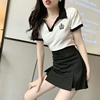 2024夏季韩版V领T恤短款上衣气质高腰开叉包臀裙裤两件套装潮