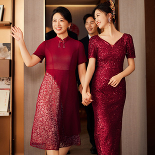 飞尼克斯2024夏中国风红色旗袍连衣裙结婚喜妈妈婚宴礼服高端
