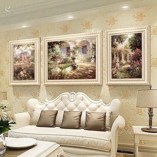 数字油画三联画客厅沙发，背景装饰画餐厅大气美式墙画花园风景挂画