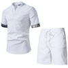 2023白色夏季男士中国风，短袖复古t恤衬衣，纯色沙滩裤短裤二件套装