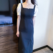 黑白拼接连衣裙女春夏2024短袖，高腰显瘦气质，拼色开叉女士裙子