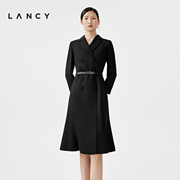 LANCY/朗姿秋季黑色长袖羊毛裙子中长款职业气质西装连衣裙女