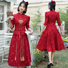 新中式敬酒服酒红色旗袍，改良刺绣服夏季七分袖，盘扣两件套