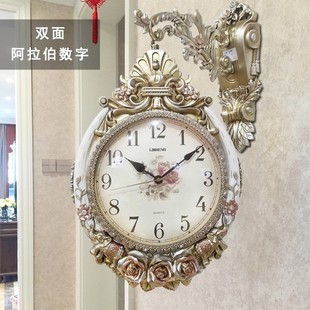 石英钟客厅双面挂钟n欧式大气静音钟表创意，家用墙挂表个性装饰