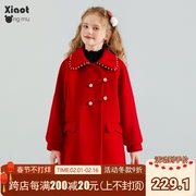 小童木新年正红色女童呢子，大衣2023冬季夹棉女大童毛呢外套