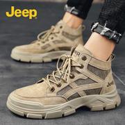jeep吉普男鞋秋季帆布马丁靴，男款中帮透气工装靴真皮高帮薄款鞋子