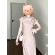 新中式条纹花边拼接连衣裙女夏季新款收腰显瘦高级感改良旗袍长裙
