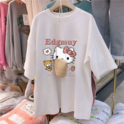 vintage中长款短袖t恤女夏季宽松可爱甜美kitty猫印花上衣服