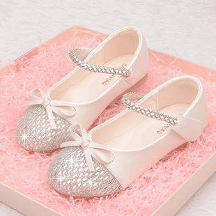 女童平底鞋宝宝婚礼小皮鞋软底水晶白色演出公主鞋花童舞蹈礼服鞋