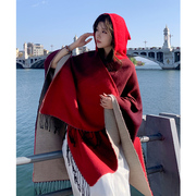 红色连帽披肩斗篷女士外搭开衫披风民族风新疆西藏青海湖保暖防晒