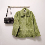 韩版女装冬季短款皮草外套果，绿色宽松大码显瘦百搭真羊皮