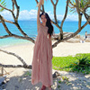 泰国三亚旅游拍照穿搭沙滩，裙女粉色雪纺吊带，海边度假连衣裙子超仙