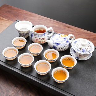 玲珑镂空陶瓷功夫茶具套装家用三才盖碗泡茶杯整套公道杯茶壶简约