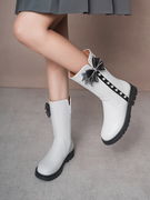 女童鞋子儿童长筒靴2023秋冬季小女孩白色，单靴演出高筒靴公主皮靴