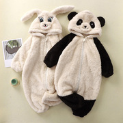 冬季宝宝卡通熊猫毛绒连体衣婴儿可爱保暖衣小童哈衣家居服罩衣