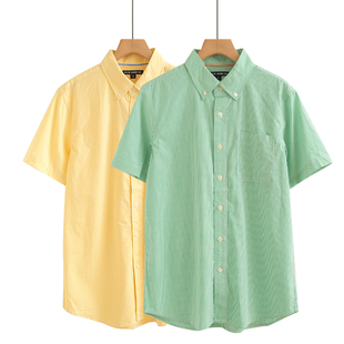 夏季清新休闲衬衫格子纯棉，白绿蓝黄色宽松男士半短袖衬衣百搭