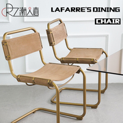 美式餐椅现代简约家用真皮，餐桌椅靠背网红ins设计师，中古金色椅子