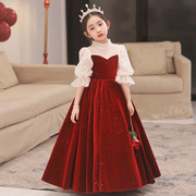 女童礼服钢琴演奏演出服，儿童主持人花童婚礼小女孩红色公主裙春季