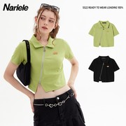 nariele绿色牛油果上衣女生，夏季修身短袖t恤露脐短款美式polo衫