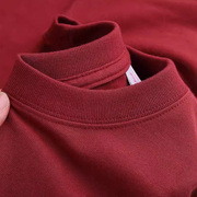 二本针重磅200g日系休闲纯色短袖t恤男女酒红色纯棉不透宽松夏季