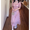 陈漂亮(陈漂亮)原创气质收腰显瘦木耳花边粉色雪纺垂感氛围感连衣裙