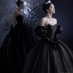 影楼拍照主题服装，赫本风泡泡袖抹胸，写真礼服室内复古黑色婚纱