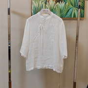 夏季清凉舒适苎麻刺绣上衣，白色素(白色素)中式女装，衬衫改良中国风斜襟立领